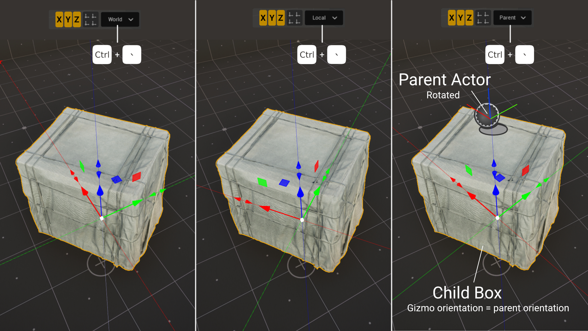 One crate in three systems: in World the gizmo axes follow the world, in Local the crate, in Parent the rotated parent actor; Ctrl+` switches the system