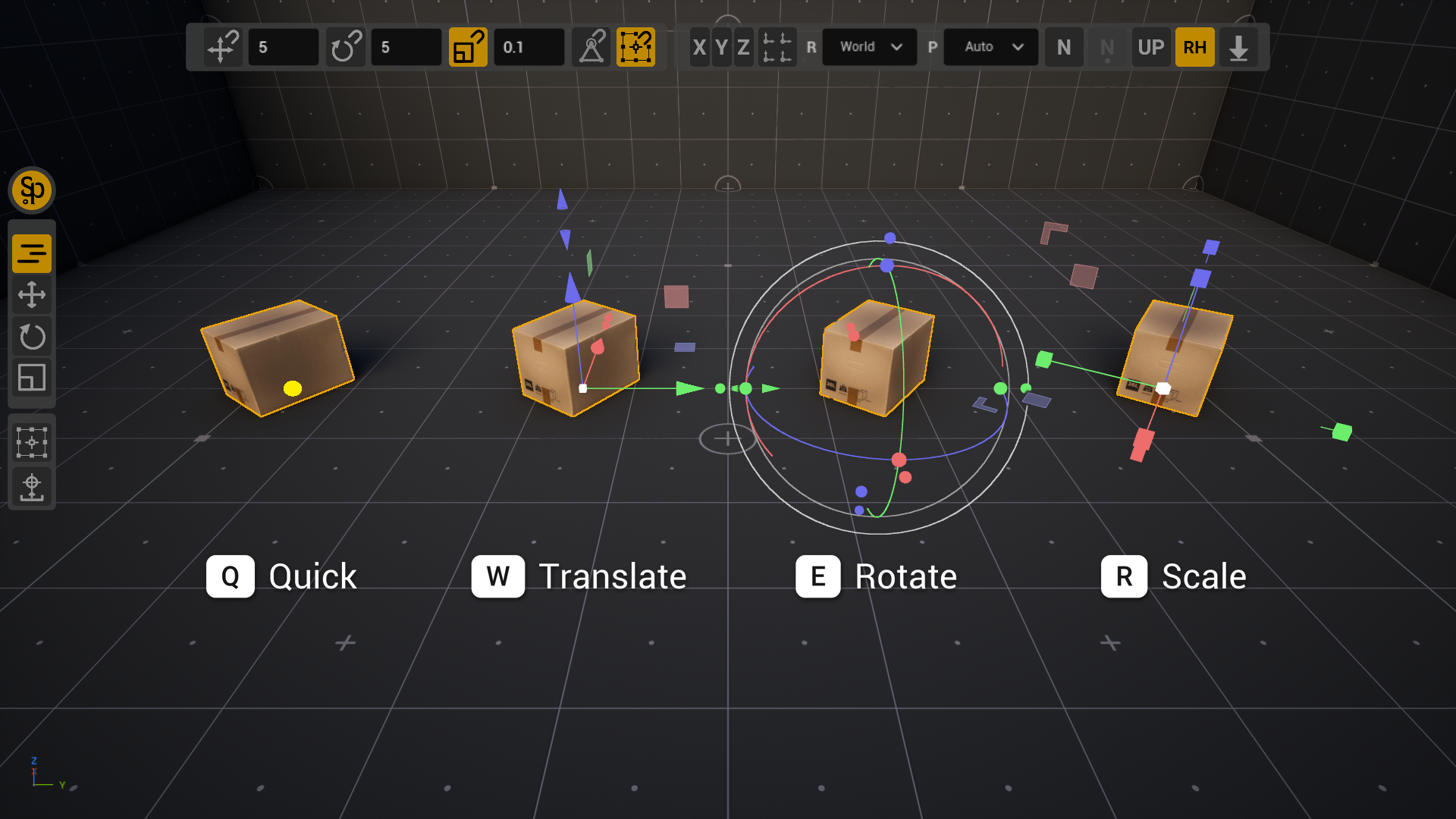 Four cardboard boxes in a row, each with its own: the yellow Quick mode dot, the Translate, Rotate and Scale gizmos; under the boxes the Q, W, E, R keys and what they turn on
