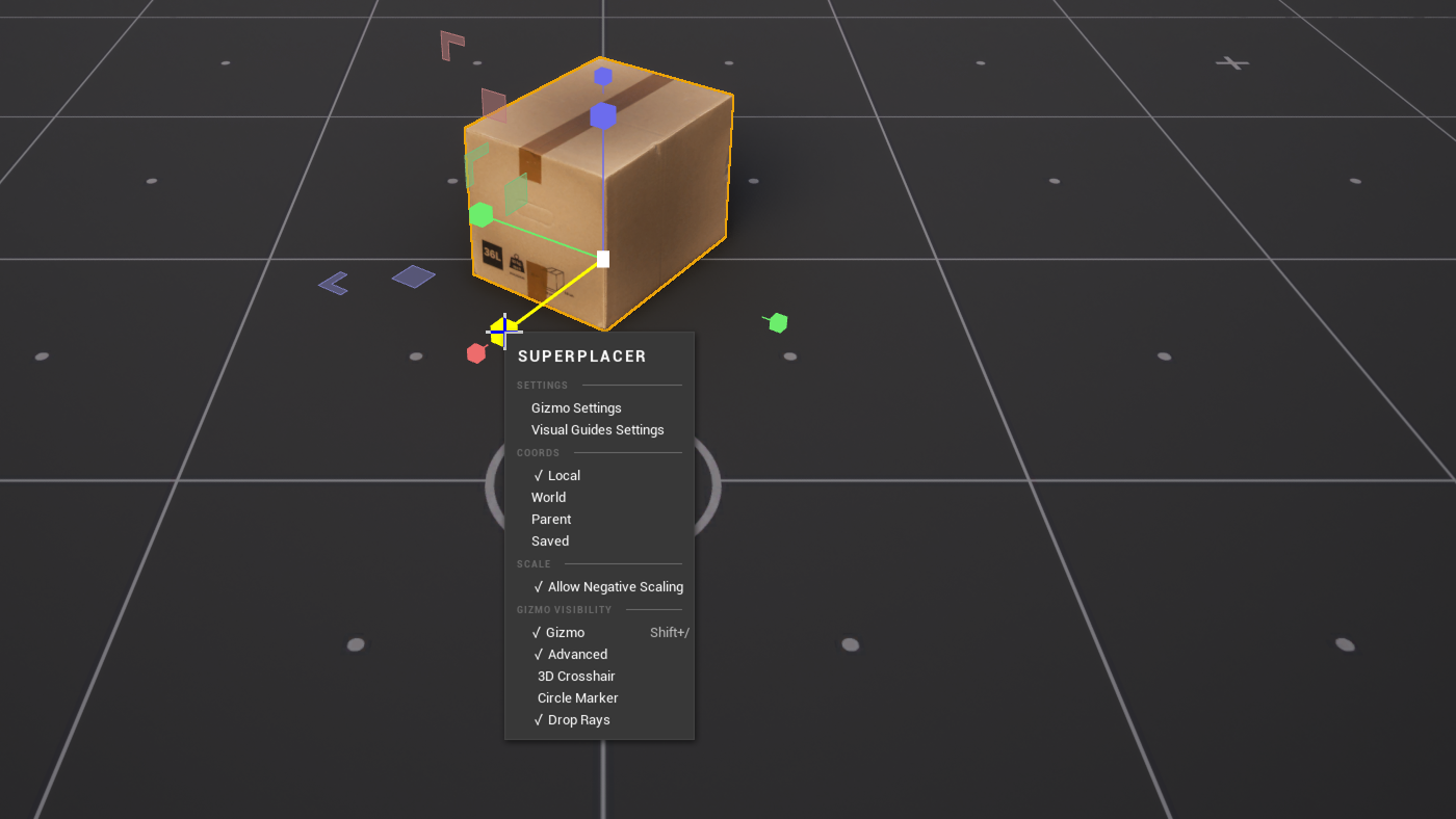 The right-click menu on the Scale gizmo: the SuperPlacer header, the Settings, Coords, Scale and Gizmo Visibility sections