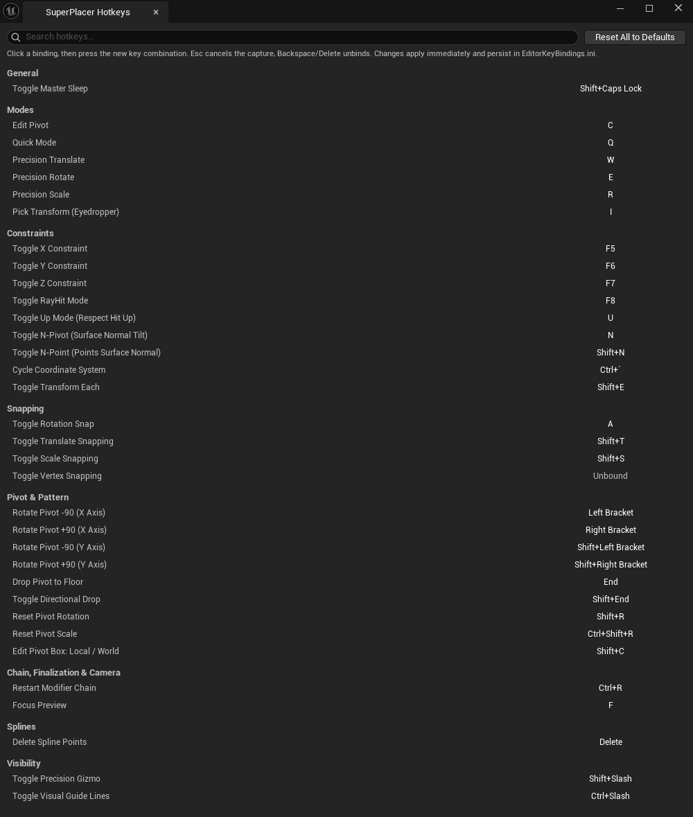 The SuperPlacer Hotkeys window: the search field, the Reset All to Defaults button and every command with its default keys in the General, Modes, Constraints, Snapping, Pivot & Pattern, Chain, Finalization & Camera, Splines and Visibility sections