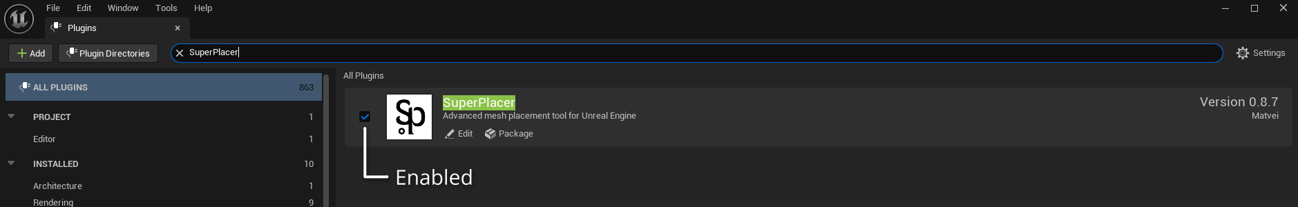 The Plugins window: «SuperPlacer» is typed in the search, the plugin found has the Enabled checkbox checked