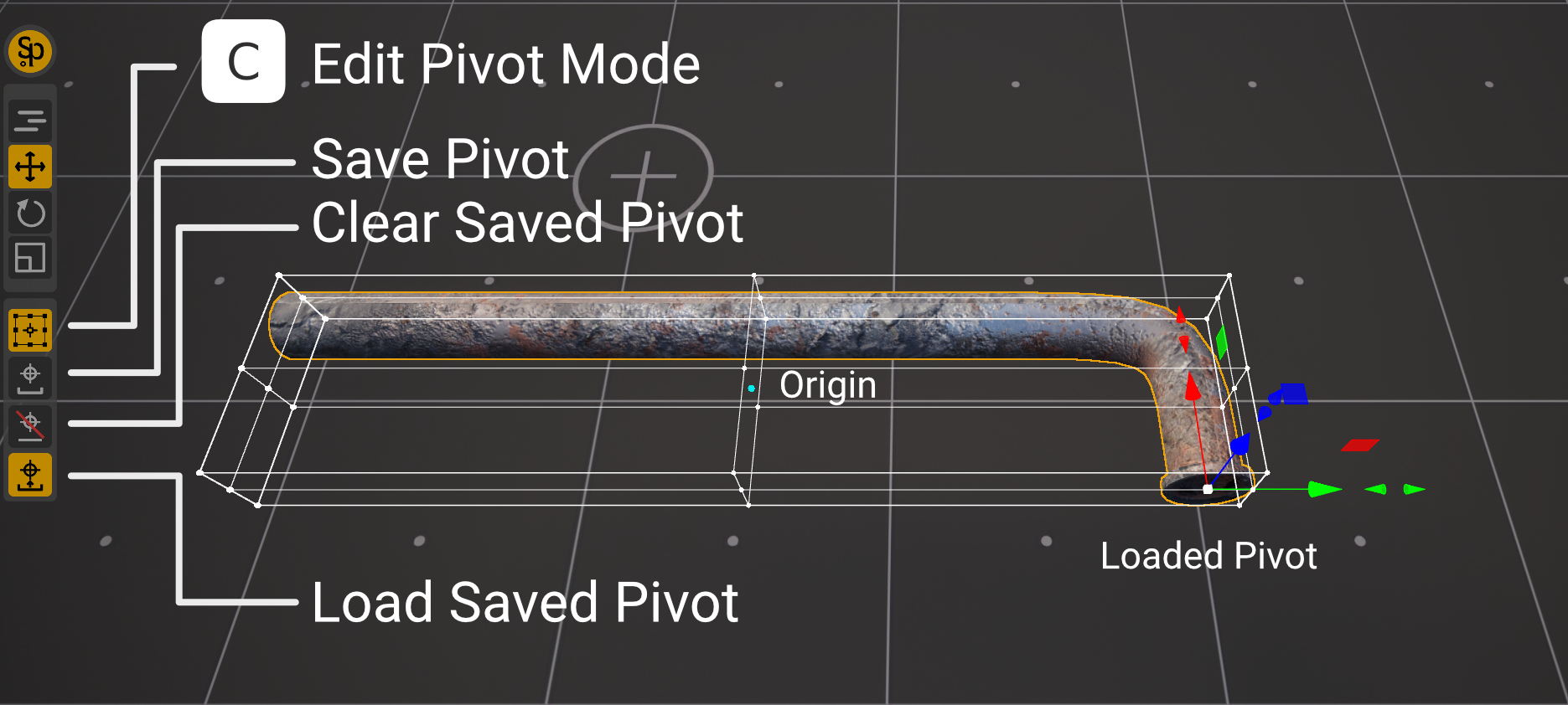 The Column UI buttons in Edit Pivot: Edit Pivot Mode (C), with Save Pivot, Clear Saved Pivot and Load Saved Pivot under it; on the pipe — the box, the Origin dot and the pivot loaded from the saved one at the pipe's end