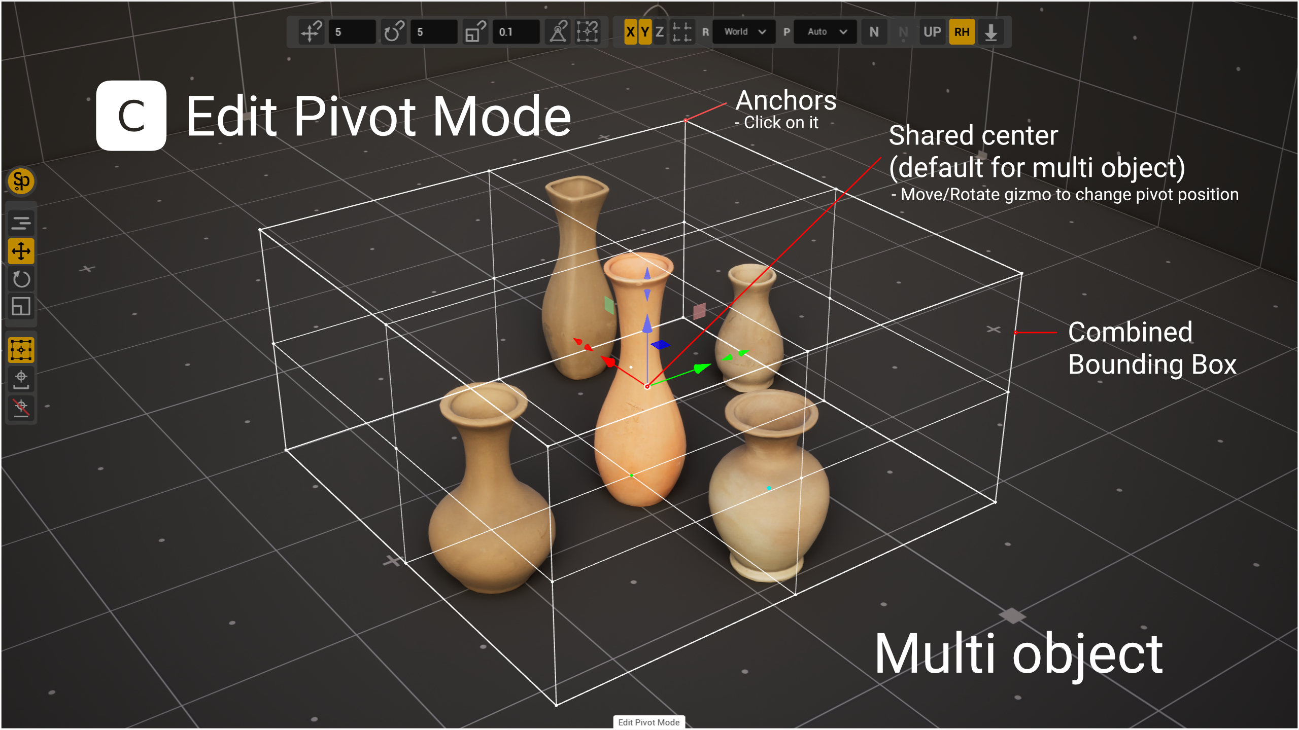 Edit Pivot on five vases: one shared bounding box, the gizmo in the shared point between the vases' pivots